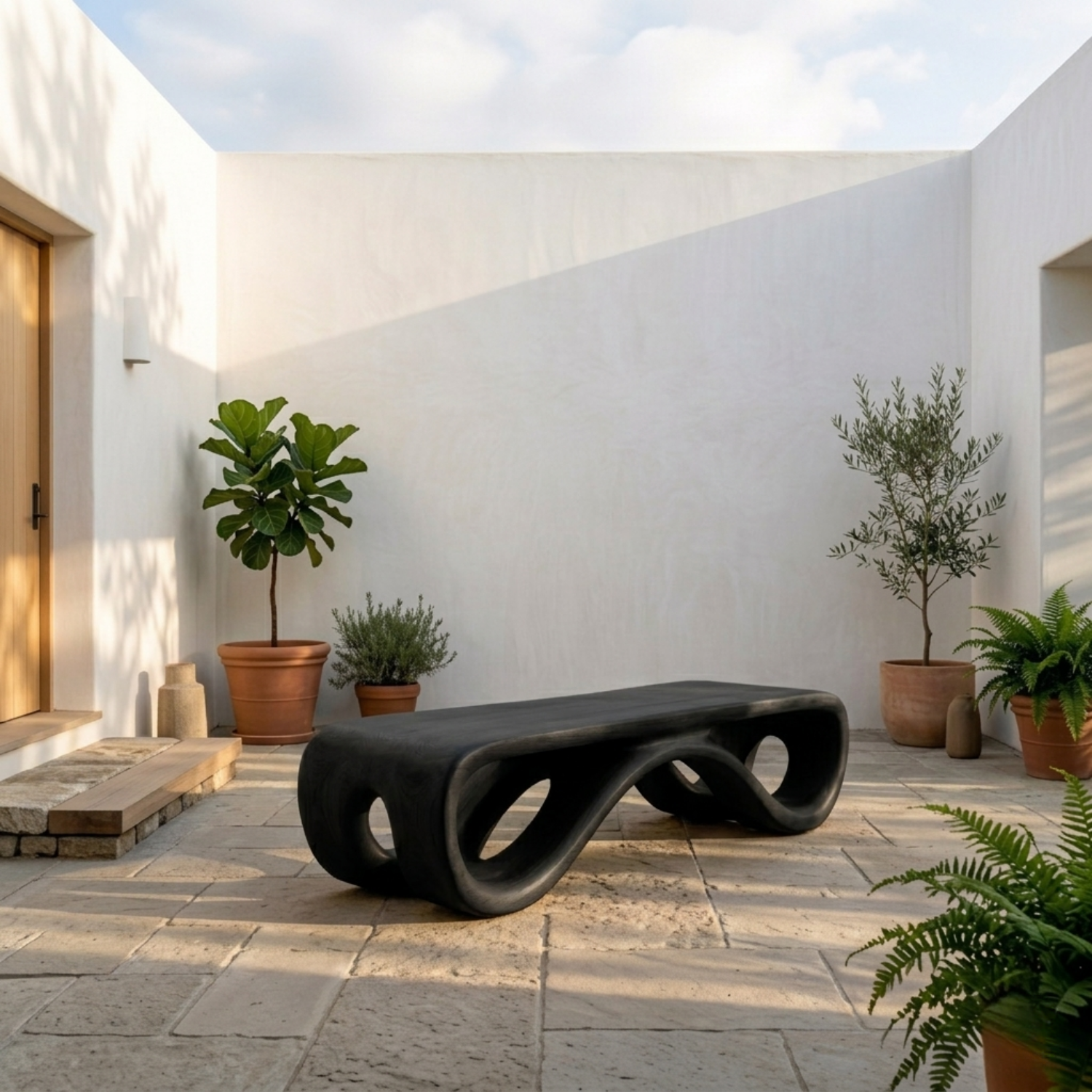 Handcrafted Solid Wood Outdoor Bench Sculptural Curved Base Organic Modern Minimal Design