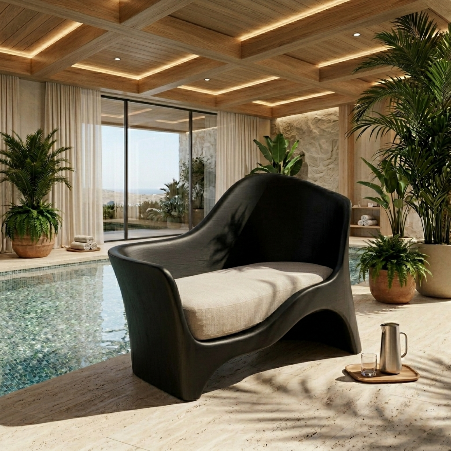 Handcrafted Solid Wood Lounge Chair Sculpted Armrest Low Seat Organic Modern Design