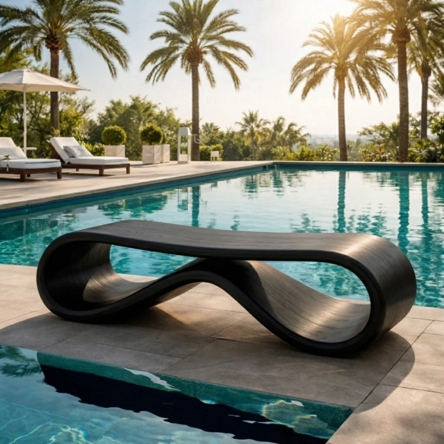 Handcrafted Outdoor Solid Wood Bench Sculptural Wave Form Modern Poolside Seating