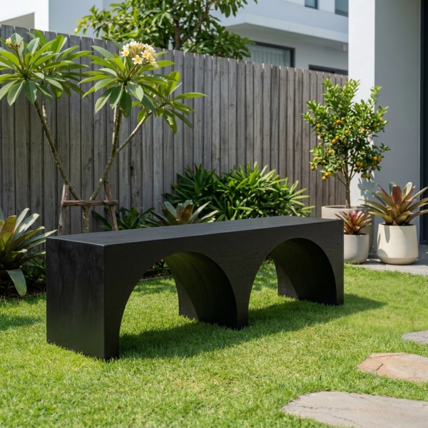 Solid Wood Outdoor Bench with Double Arch Base Minimalist Rectangular Design