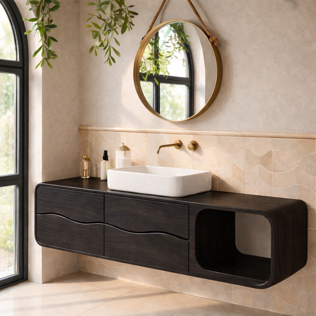 Floating Solid Wood Bathroom Vanity with Drawers and Open Shelf Kitchnce