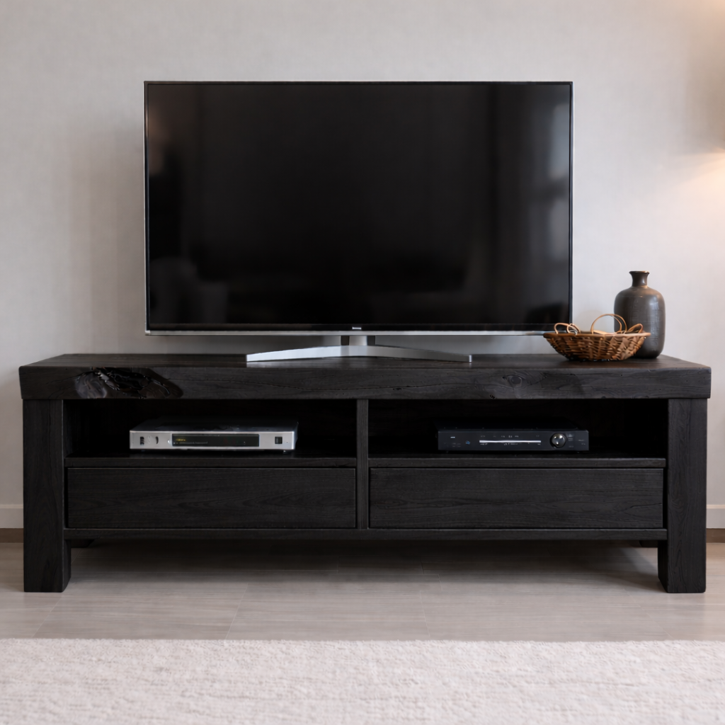 Rustic Solid Wood TV Stand with Natural Live Edge, Storage Drawers and Open Shelves