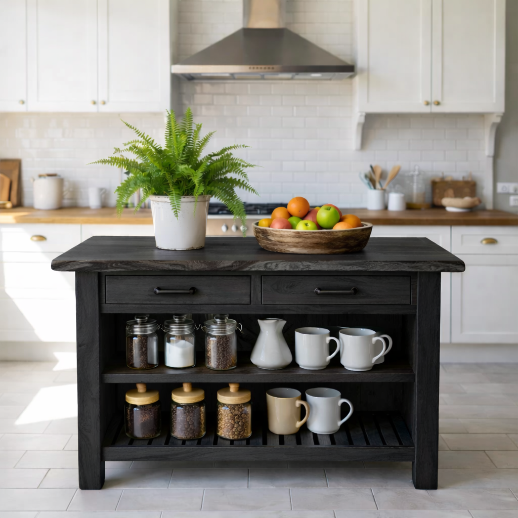 Solid Wood Kitchen Island with Drawers and Open Shelf Storage Wooden Prep Table