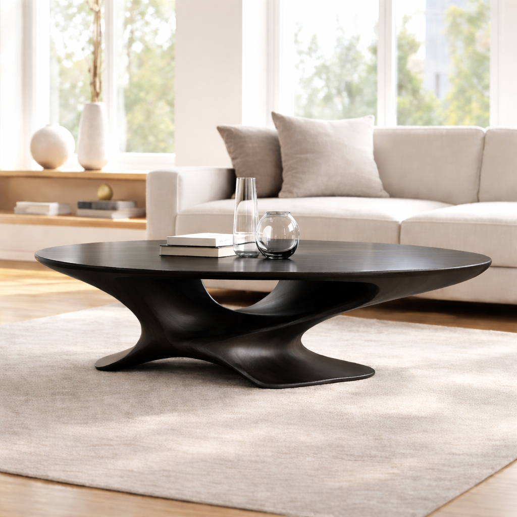 Modern Solid Wood Coffee Table with Sculptural Base and Round Wooden Living Room Table