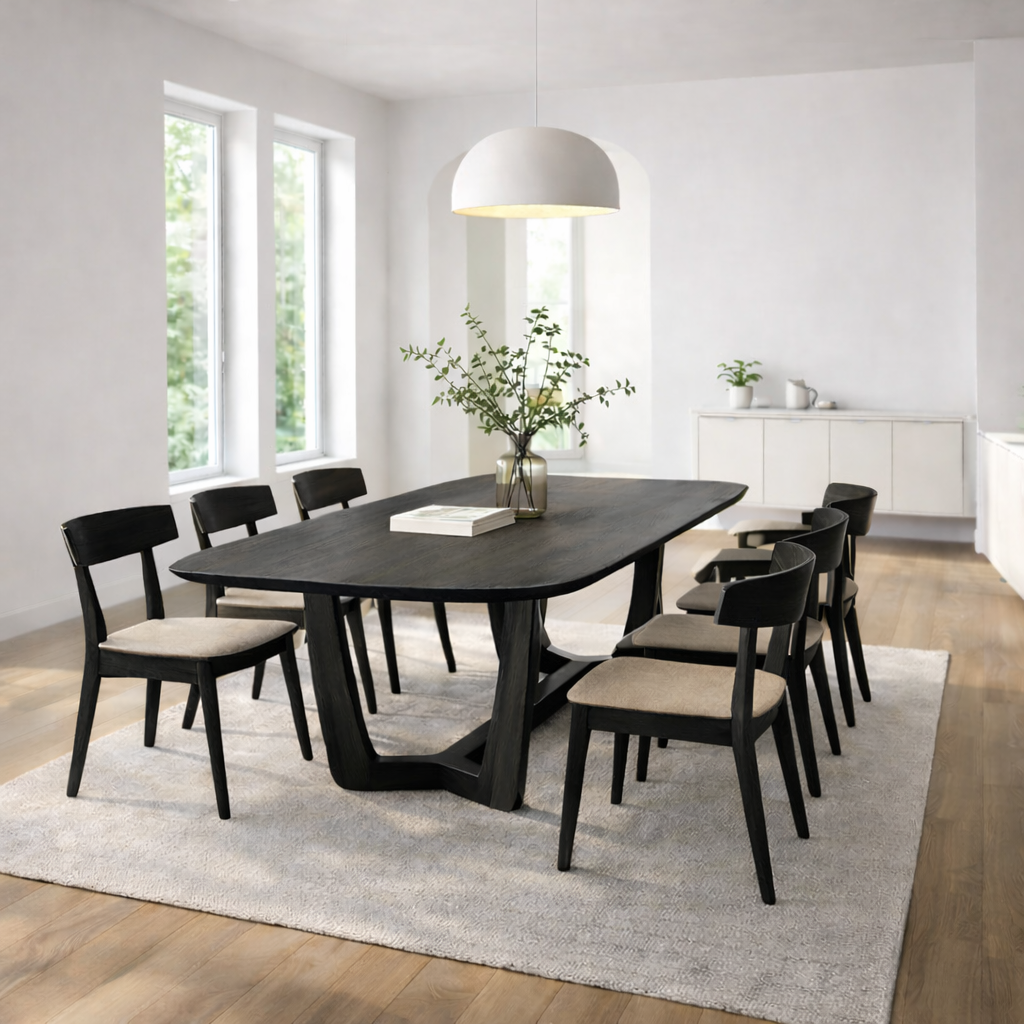 Solid Wood Rectangular Dining Table with Sculptural Base – Modern Rustic Wooden Dining Table