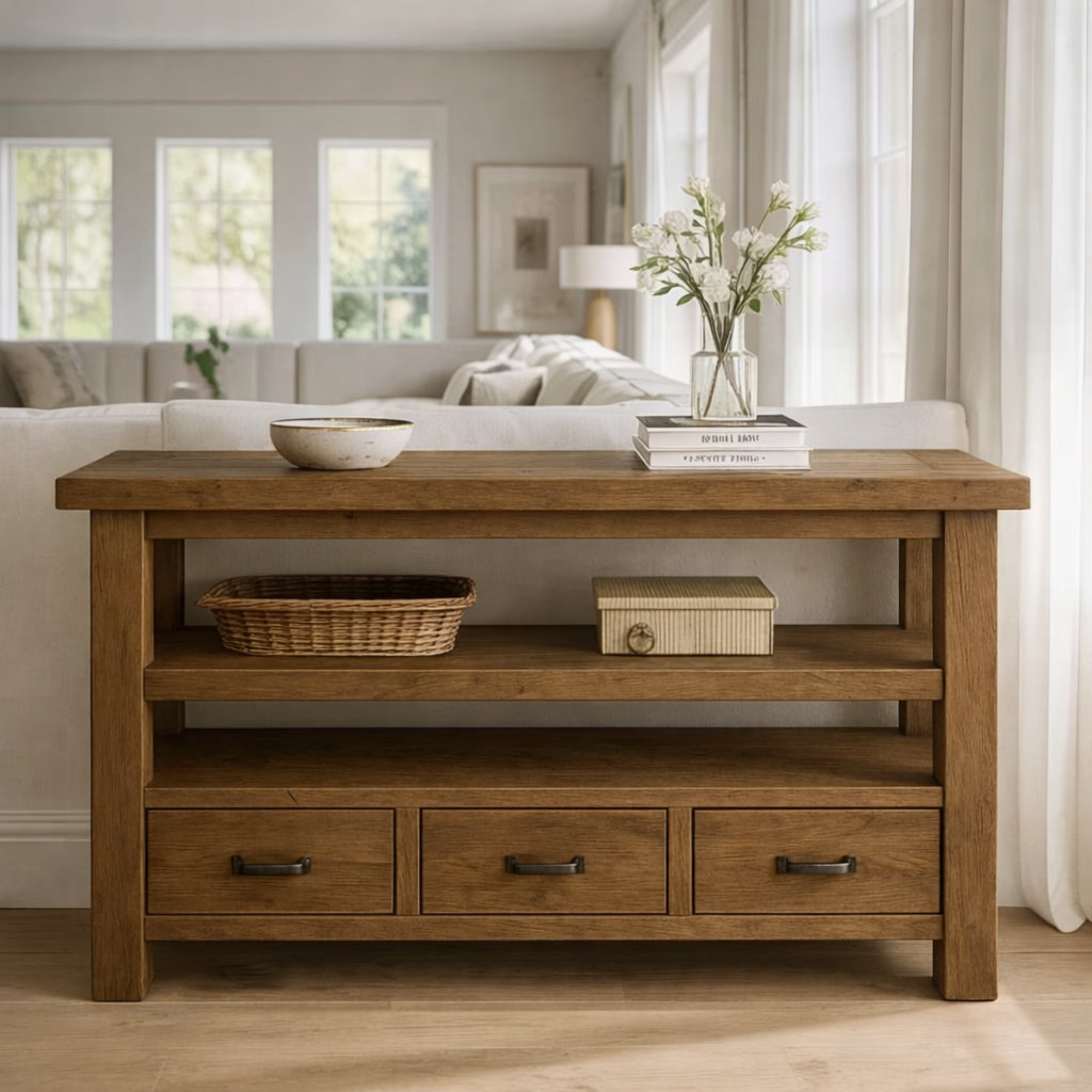 Solid Wood Console Table with Drawers and Open Shelf