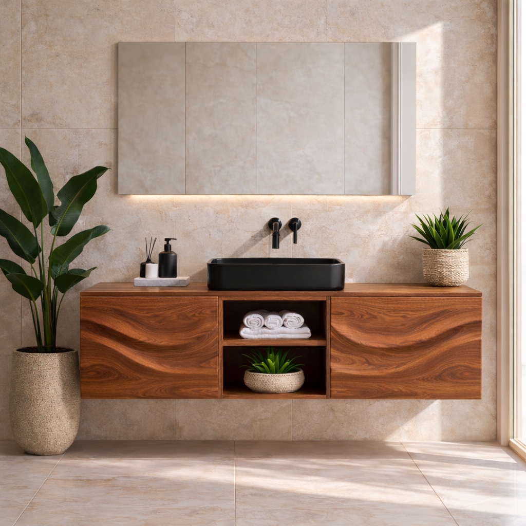 Floating Walnut Bathroom Vanity, Wall Mounted Wood Vanity Cabinet with Open Shelf
