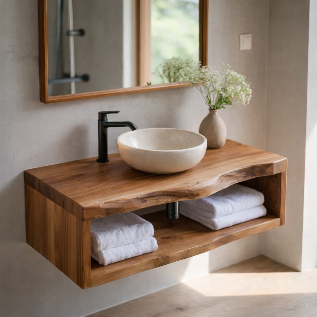 Live Edge Floating Bathroom Vanity, Solid Wood Wall Mounted Vanity Shelf with Storage