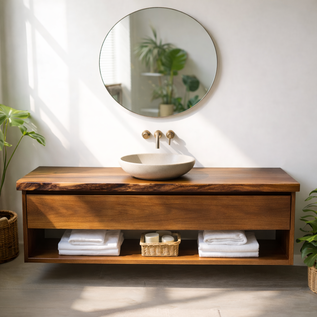 Floating Solid Wood Bathroom Vanity with Drawer and Open Shelf, Wall Mounted Wood Vanity