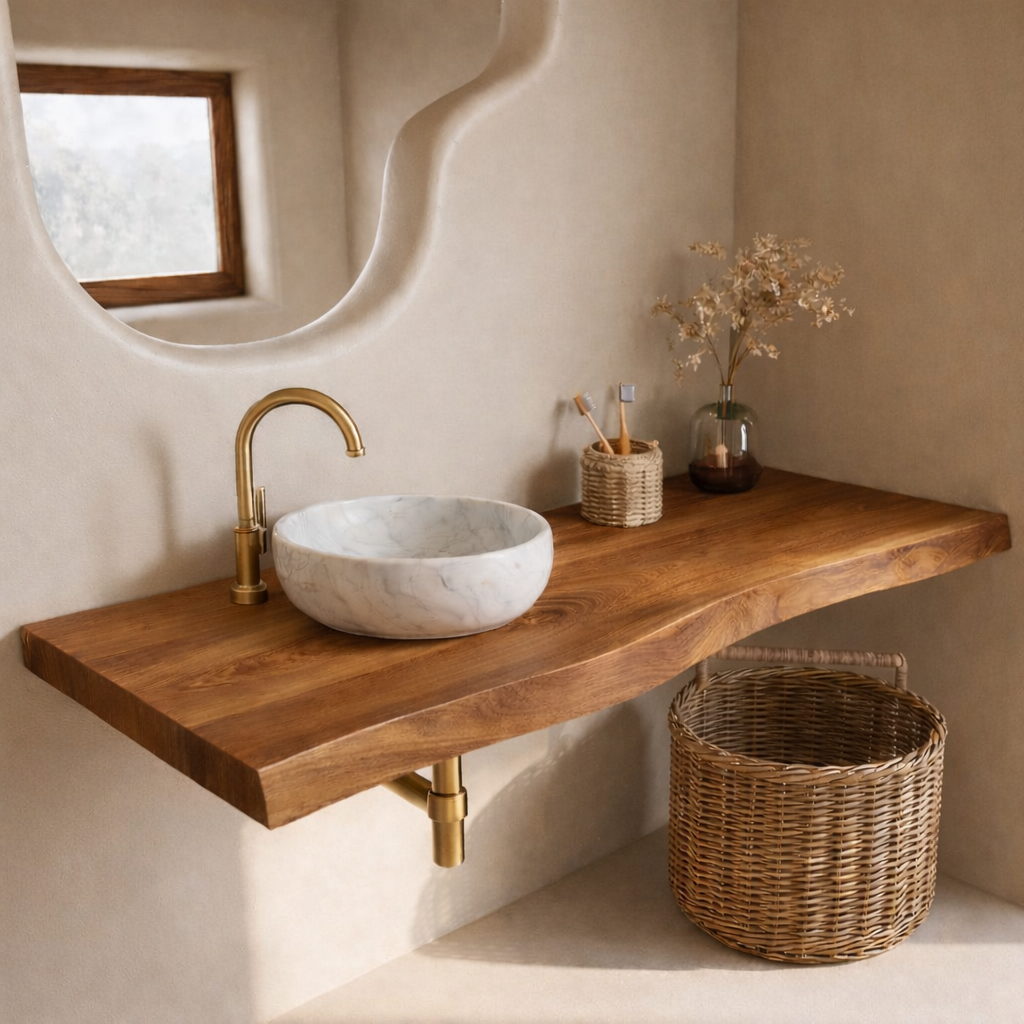 Floating Live Edge Solid Wood Bathroom Vanity Top – Rustic Wall Mounted Wood Countertop Shelf