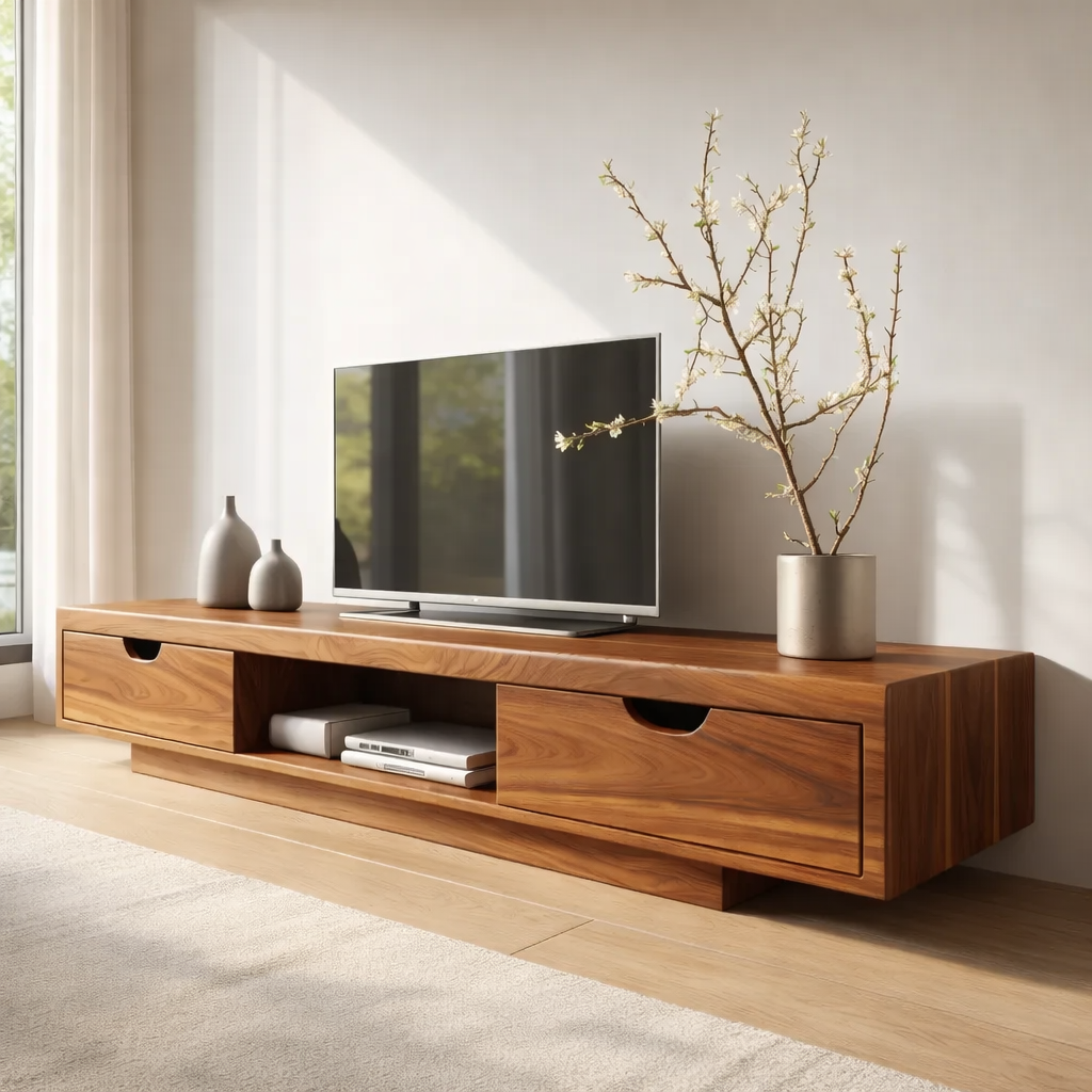 Walnut Wood TV Stand with Drawers – Modern Solid Wood Media Console Cabinet