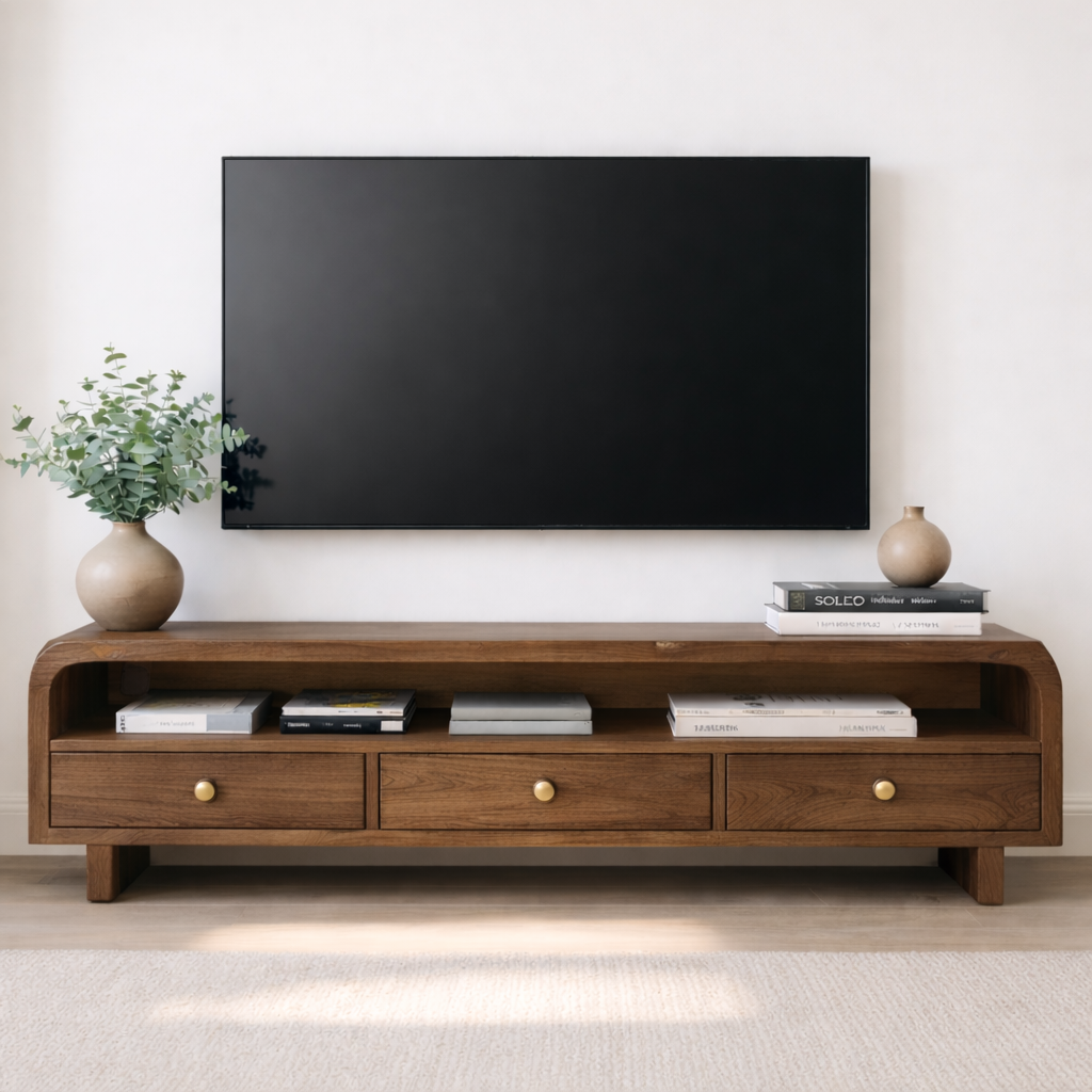 Mid Century Walnut TV Stand with Drawers – Solid Wood Media Console Cabinet