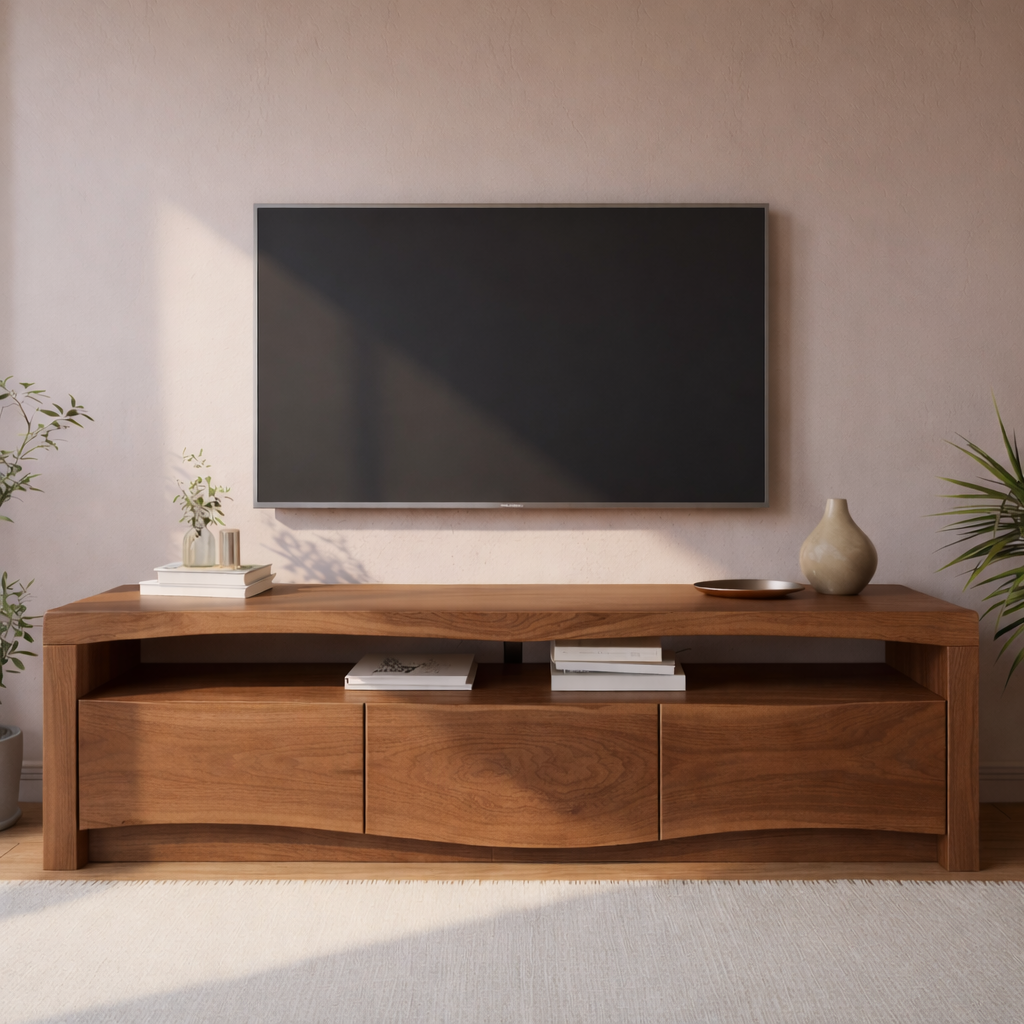 Modern Solid Wood TV Stand with Live Edge Top – Walnut Media Console Cabinet
