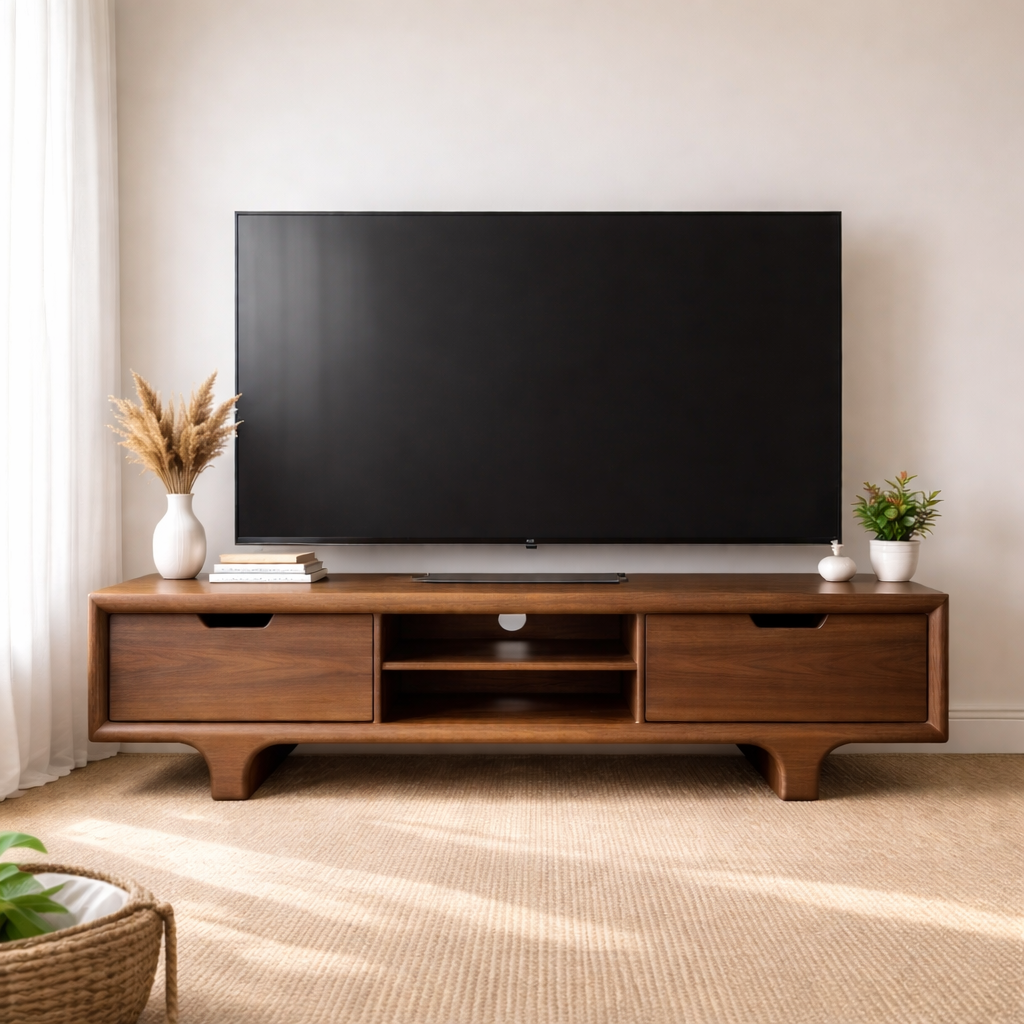 Mid Century Walnut Wood TV Stand with Drawers – Solid Wood Media Console Cabinet