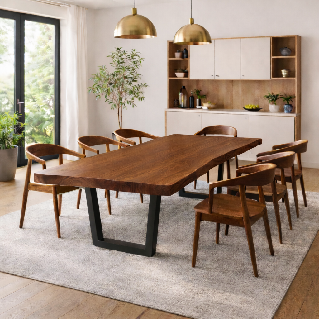 Modern Solid Walnut Dining Table with Black U-Shaped Steel Legs for Minimalist Interiors