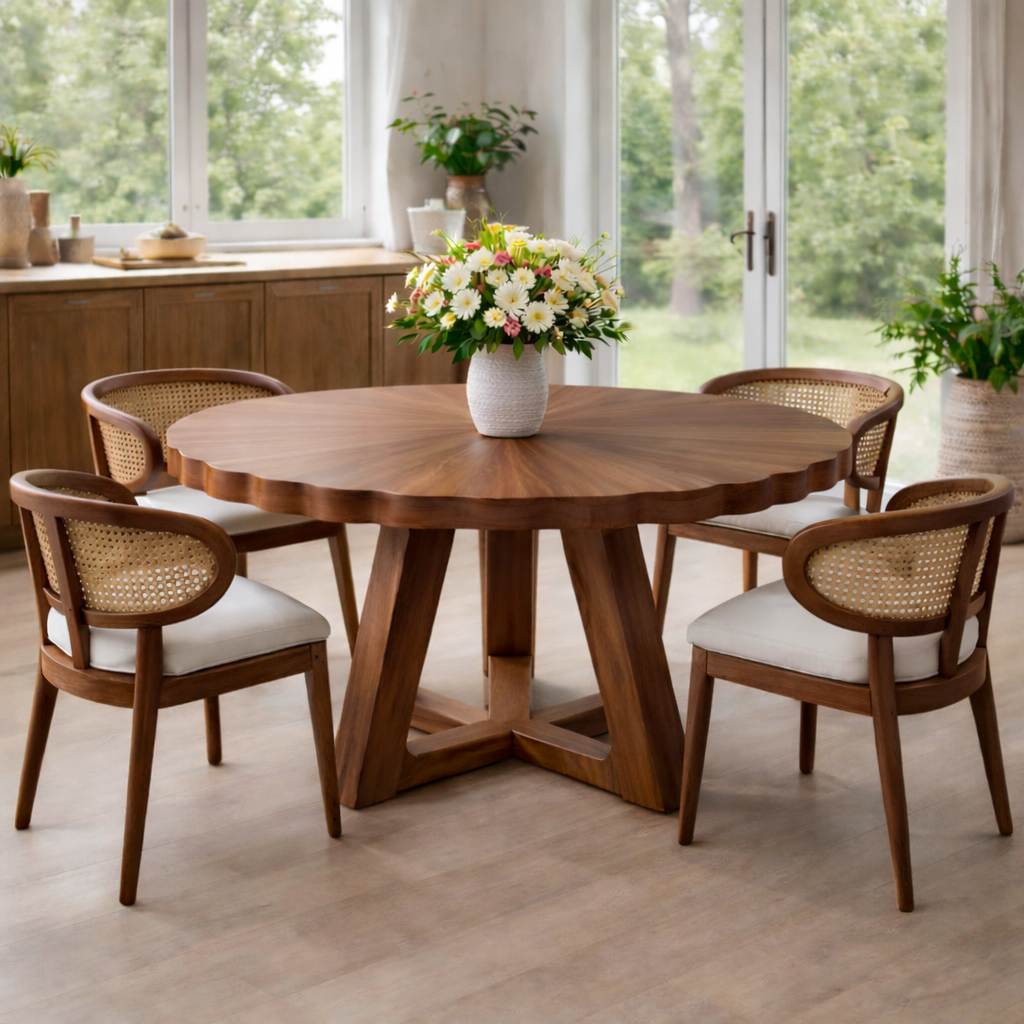 Round Solid Wood Dining Table with Scalloped Edge and Sculptural Base