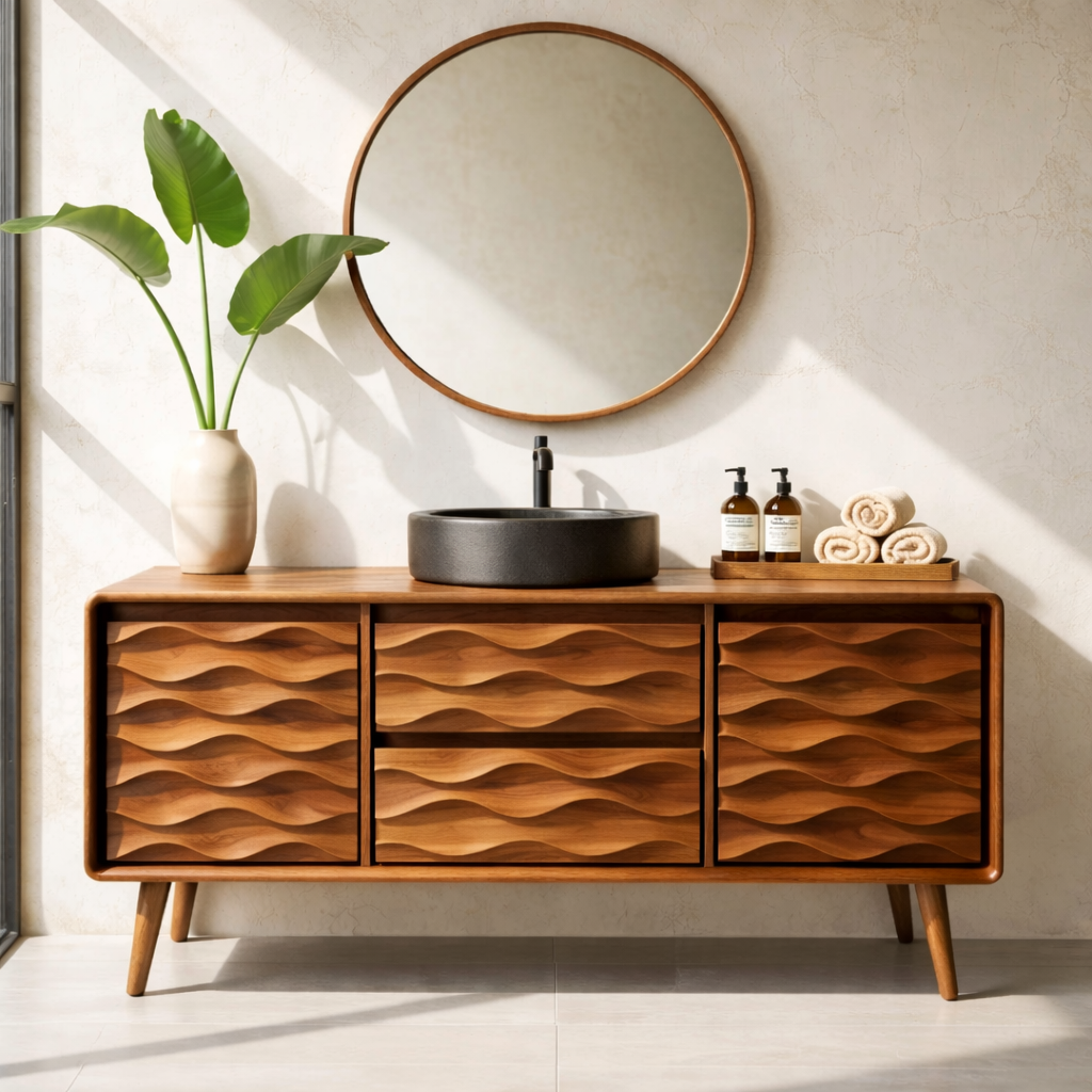 Solid Wood Bathroom Vanity with Layered Wavy Front Panels and Storage Drawers