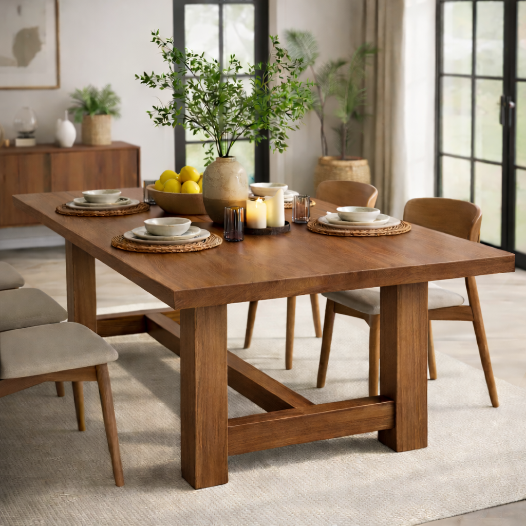 Solid Wood Rectangular Dining Table Modern Trestle Base