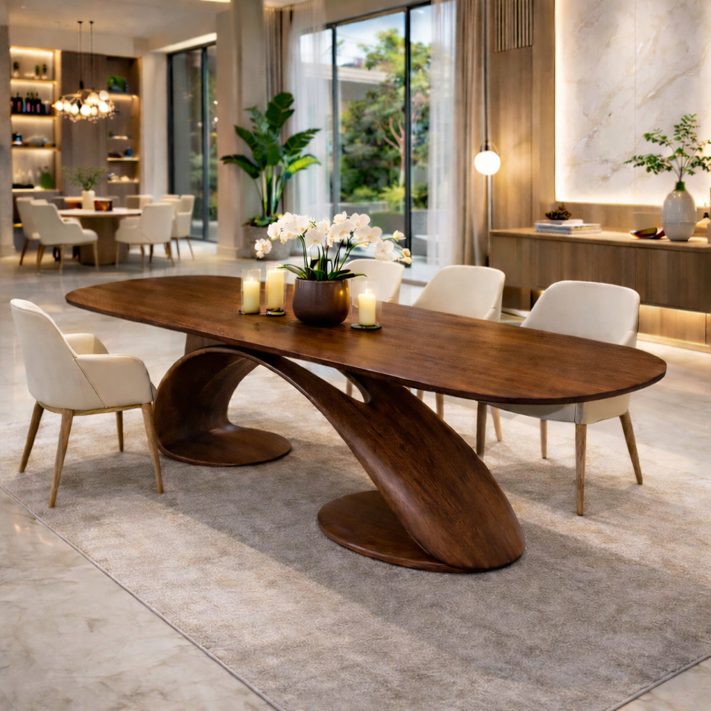 Solid Wood Oval Dining Table with Sculptural Base