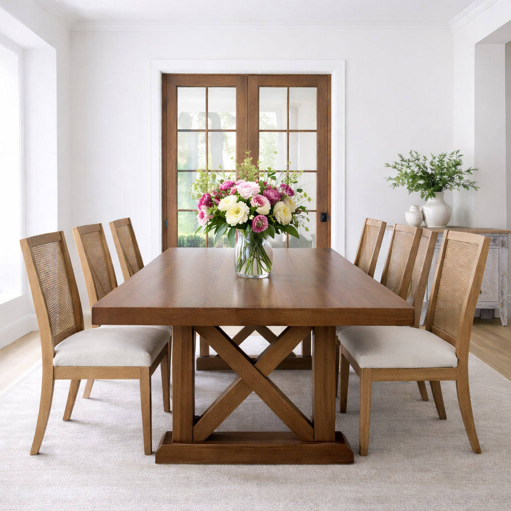 Solid Wood Dining Table with X-Base Farmhouse Style