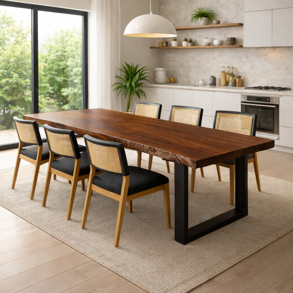Handcrafted Solid Walnut Dining Table with U-Shaped Steel Base for Minimalist Homes