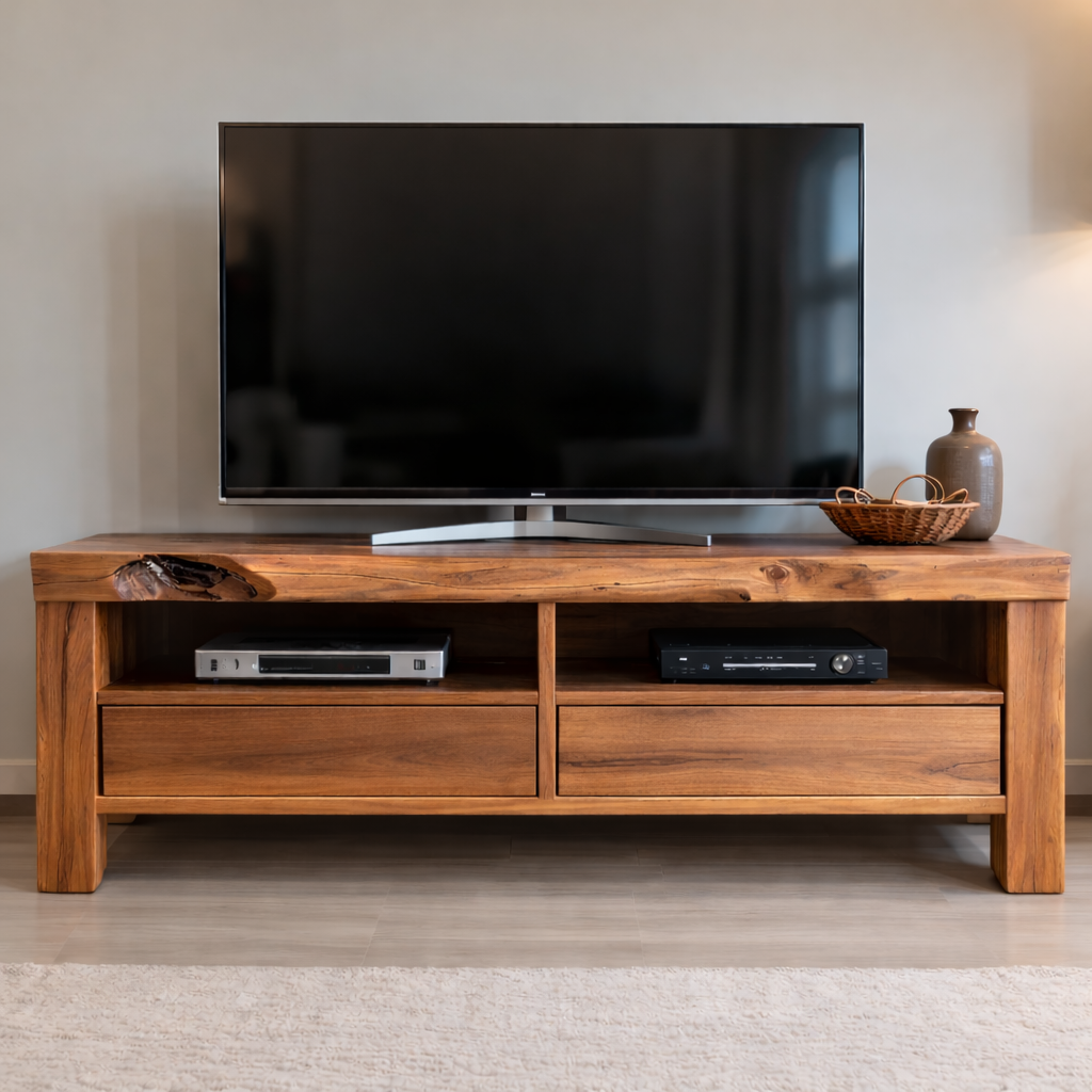 Rustic Solid Wood TV Stand with Natural Live Edge, Storage Drawers and Open Shelves