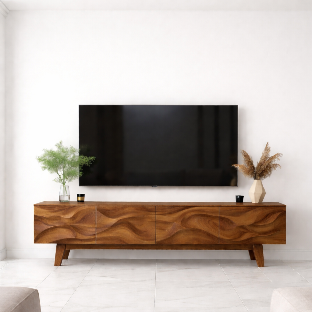 Wave Pattern Solid Wood TV Stand with Storage, Modern Media Console for Living Room