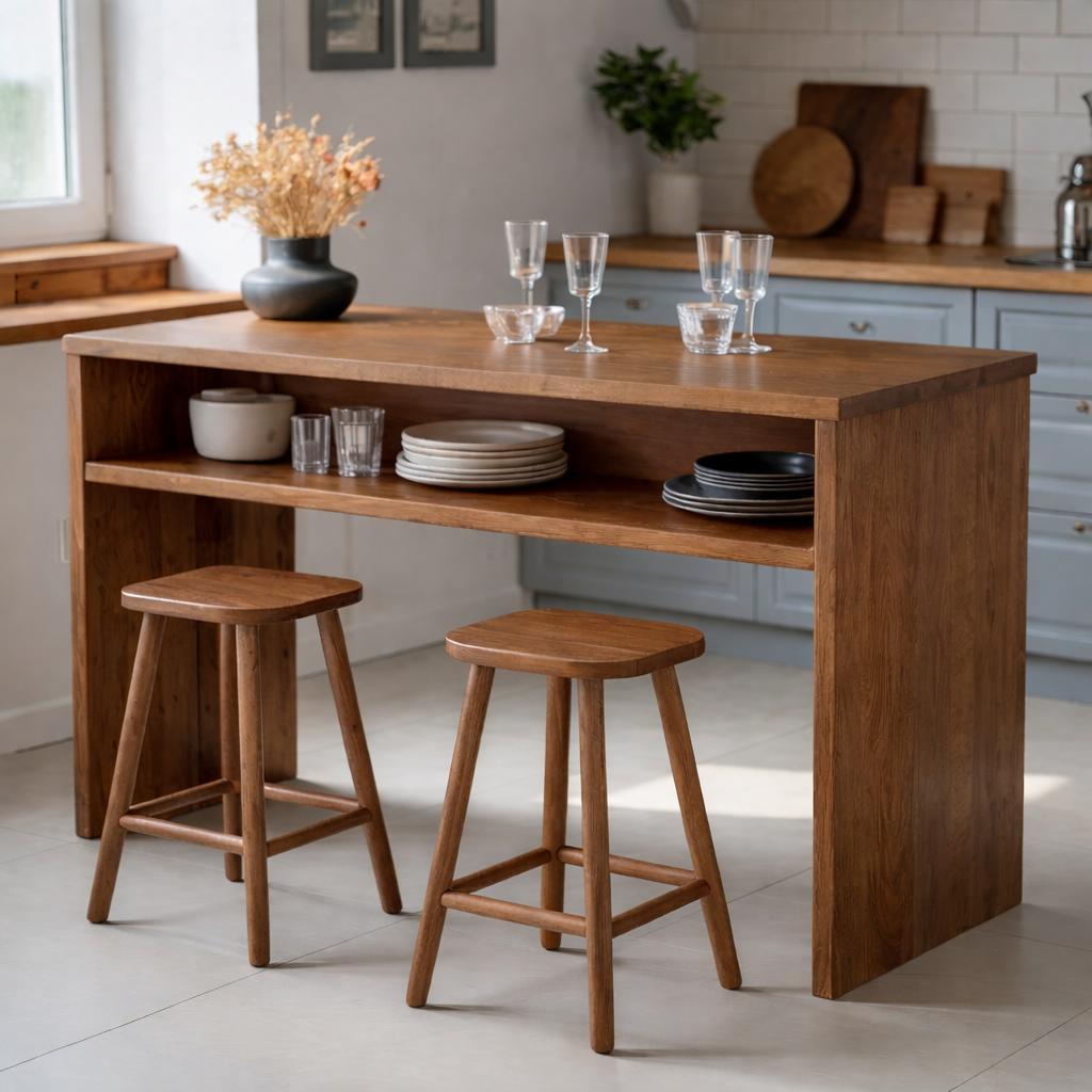Modern Solid Wood Kitchen Island with Open Shelf Storage and Breakfast Bar Table