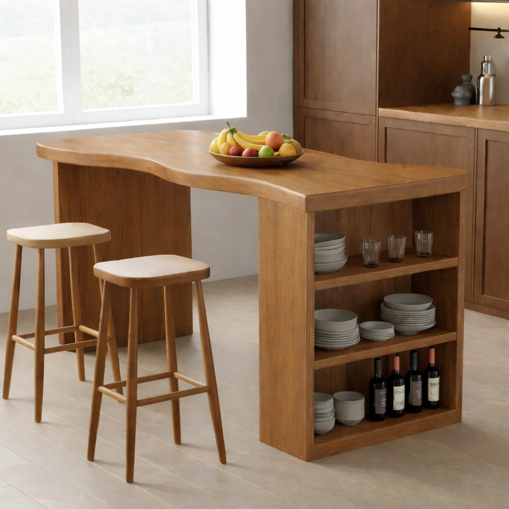Solid Wood Kitchen Island with Curved Edge Top and Open Shelf Storage Breakfast Bar