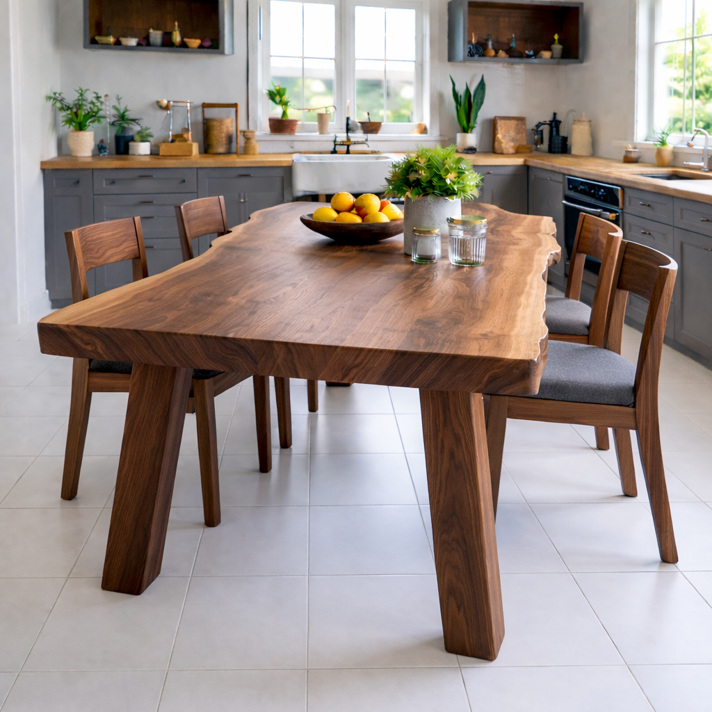 Handcrafted Solid Wood Dining Table with Natural Wood Top Rustic Kitchen Table