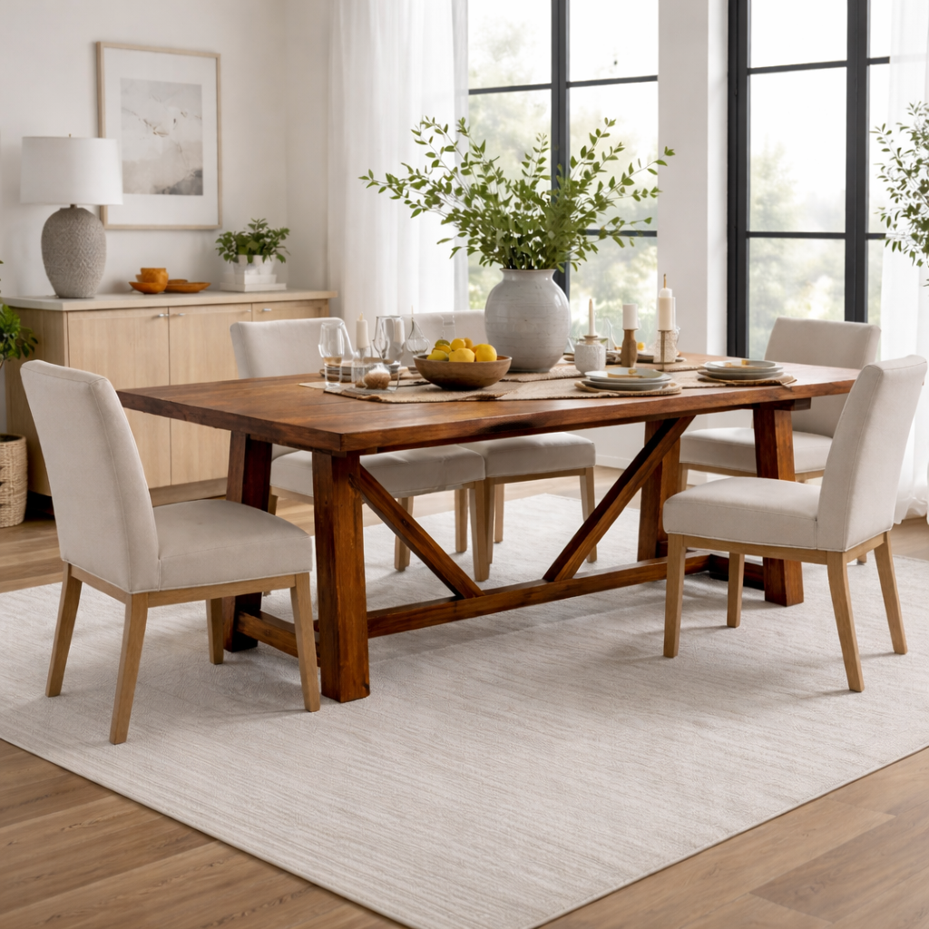 Solid Wood Dining Table with X Base Modern Farmhouse Style
