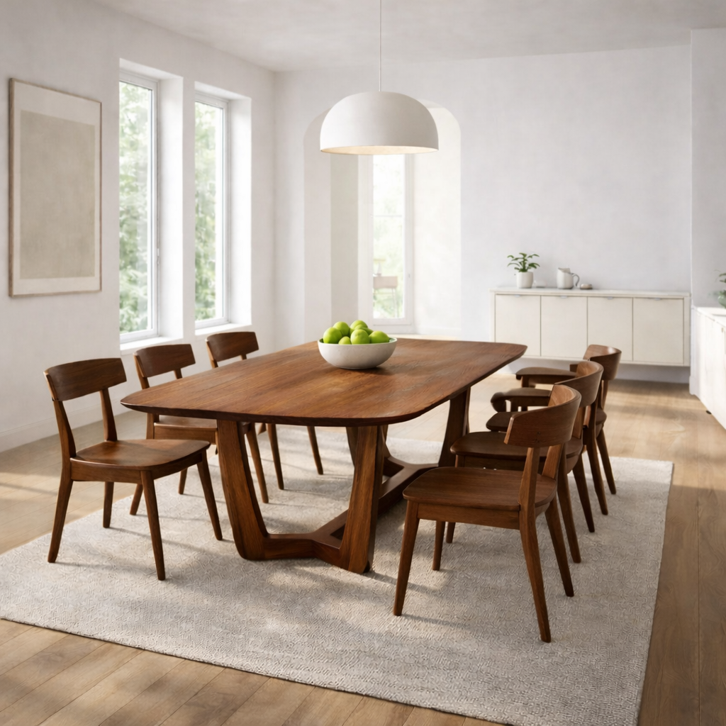 Solid Wood Rectangular Dining Table with Sculptural Base – Modern Rustic Wooden Dining Table