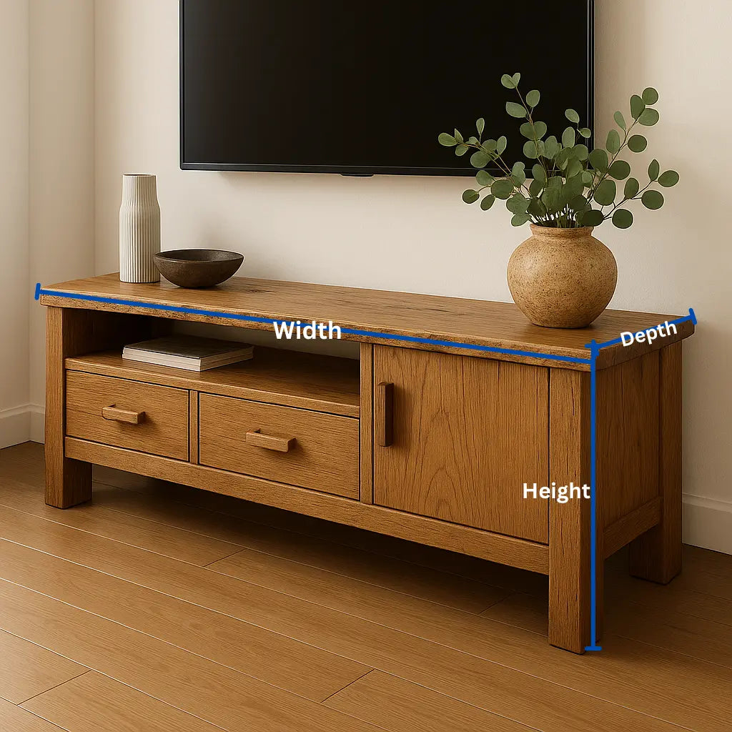 Handcrafted Solid Wood TV Stand – Rustic Hickory Media Console with Drawers and Cabinet Door Kitchnce
