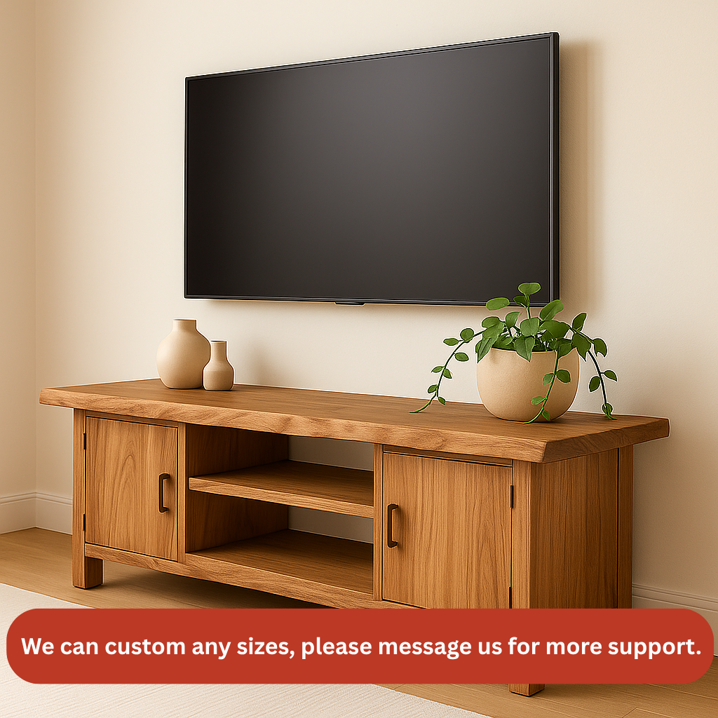 Handcrafted Solid Wood TV Stand – Natural Maple Media Console with Live Edge Top and Cabinets Kitchnce