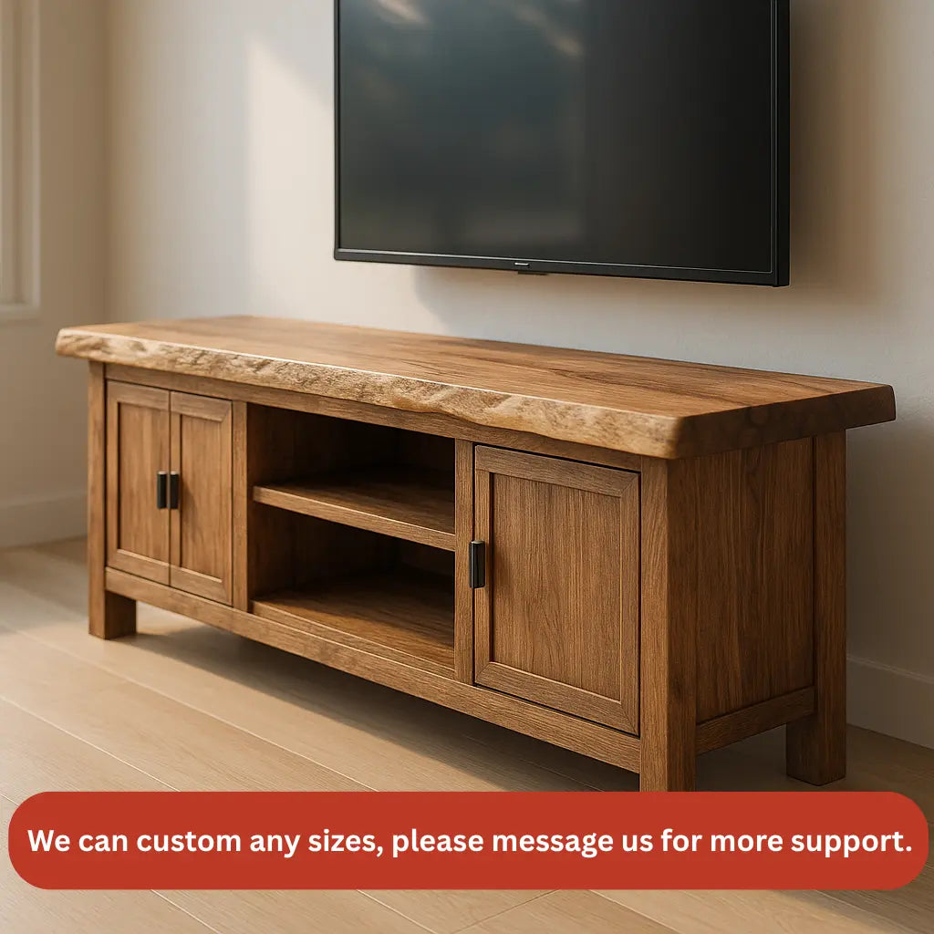 Handcrafted Solid Wood TV Stand – Rustic Hickory Media Console with Live Edge Top and Cabinets Kitchnce