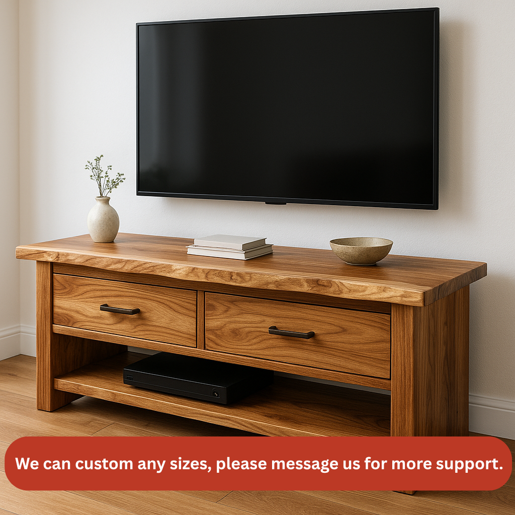 Handcrafted Solid Wood TV Stand – Natural Hickory Media Console with Drawers and Open Shelf Kitchnce