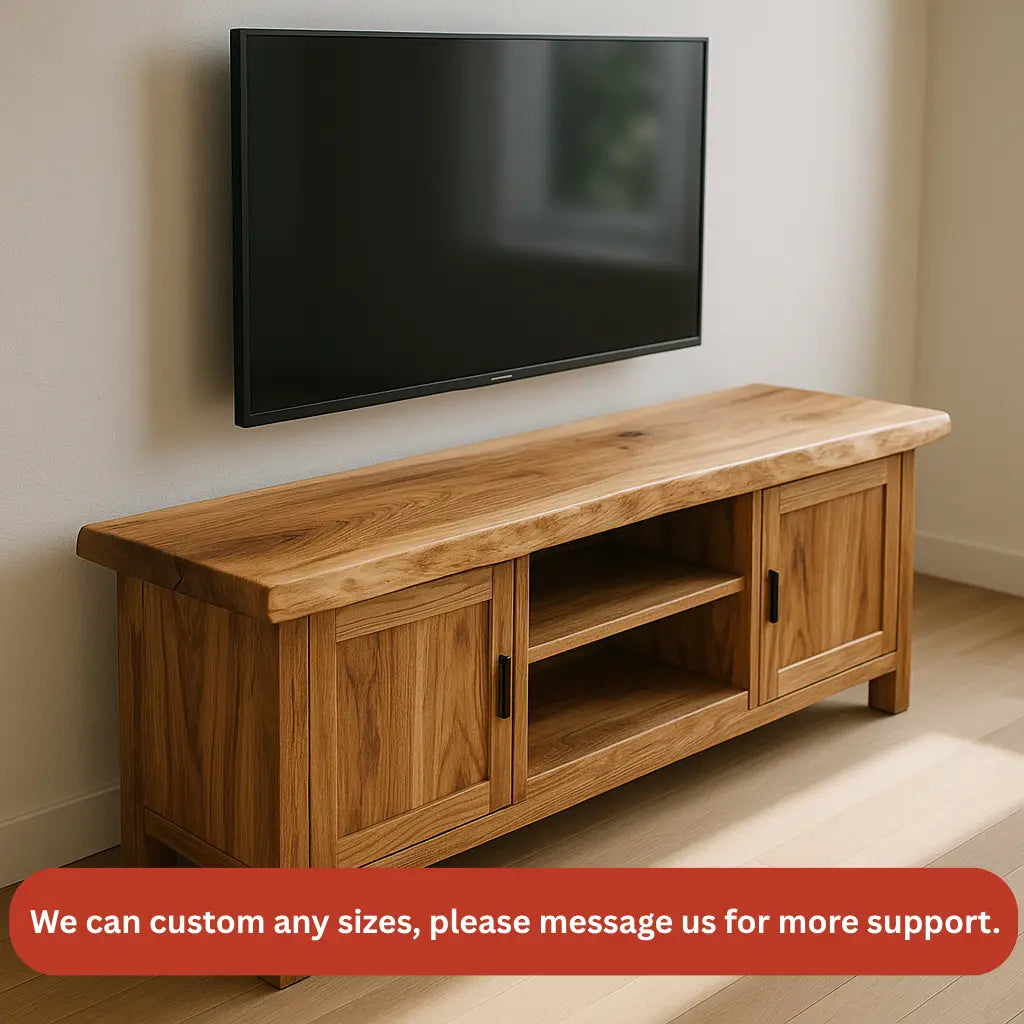 Handcrafted Solid Wood TV Stand – Rustic Hickory Media Console with Cabinets and Open Shelves Kitchnce