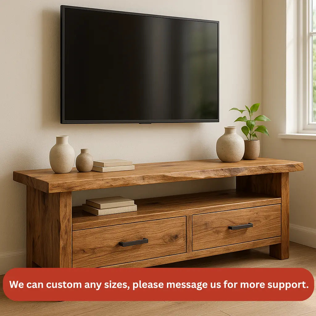 Handcrafted Solid Wood TV Stand – Rustic Hickory Media Console with Drawers and Live Edge Top Kitchnce