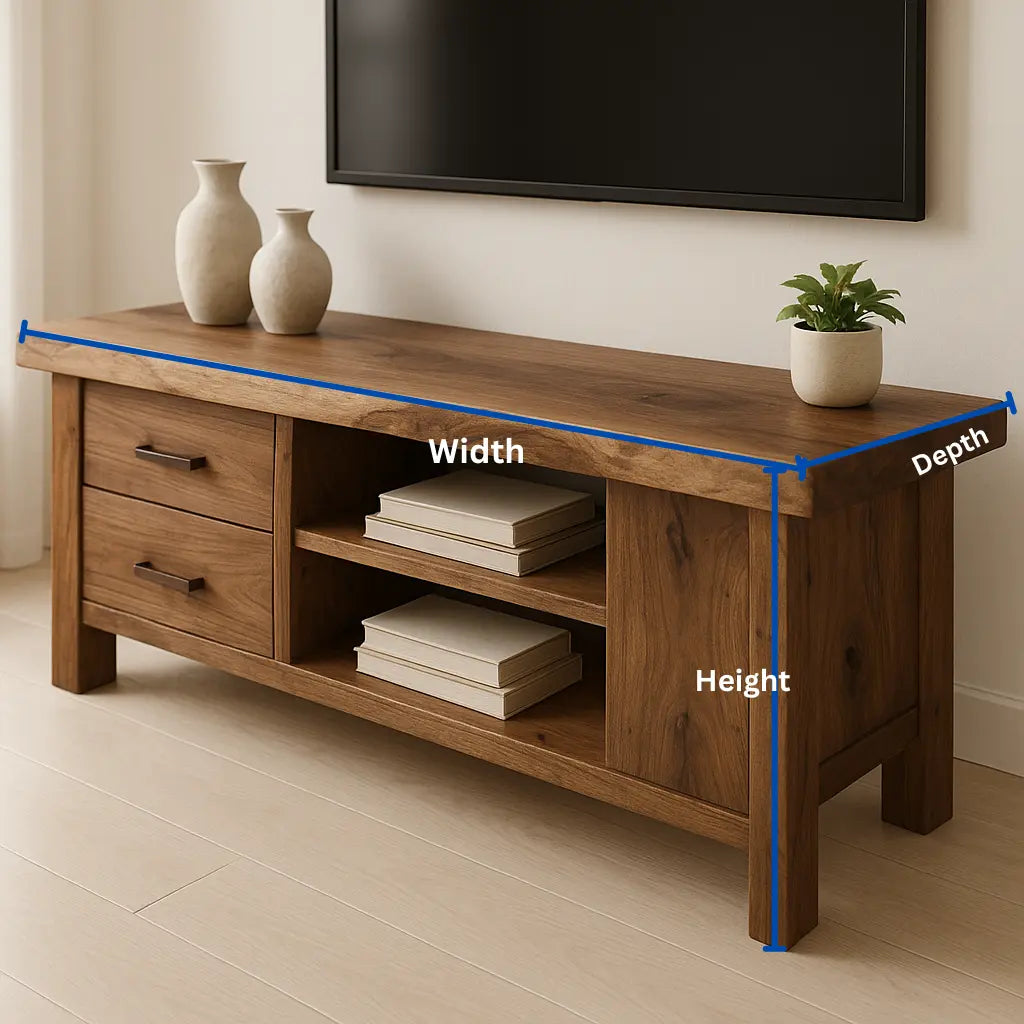 Handcrafted Solid Wood TV Stand – Rustic Walnut Media Console with Drawers and Open Shelves Kitchnce