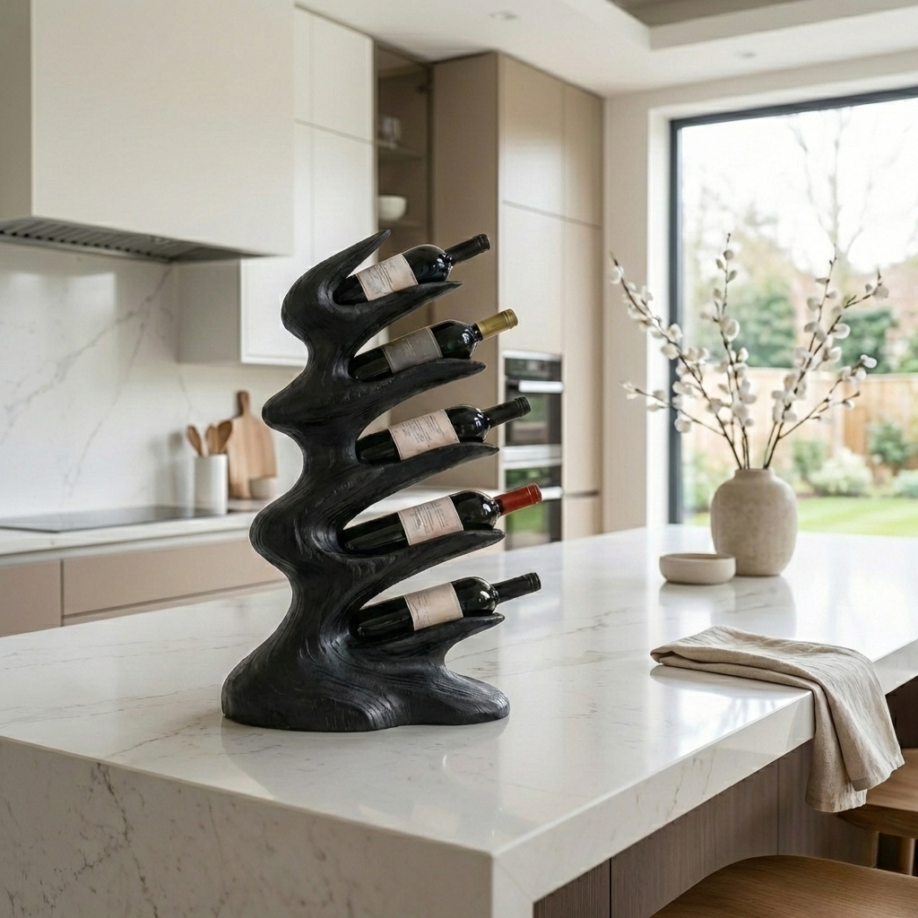 Handcrafted Solid Wood Wine Holder – Vertical Sculptural Countertop Wine Rack