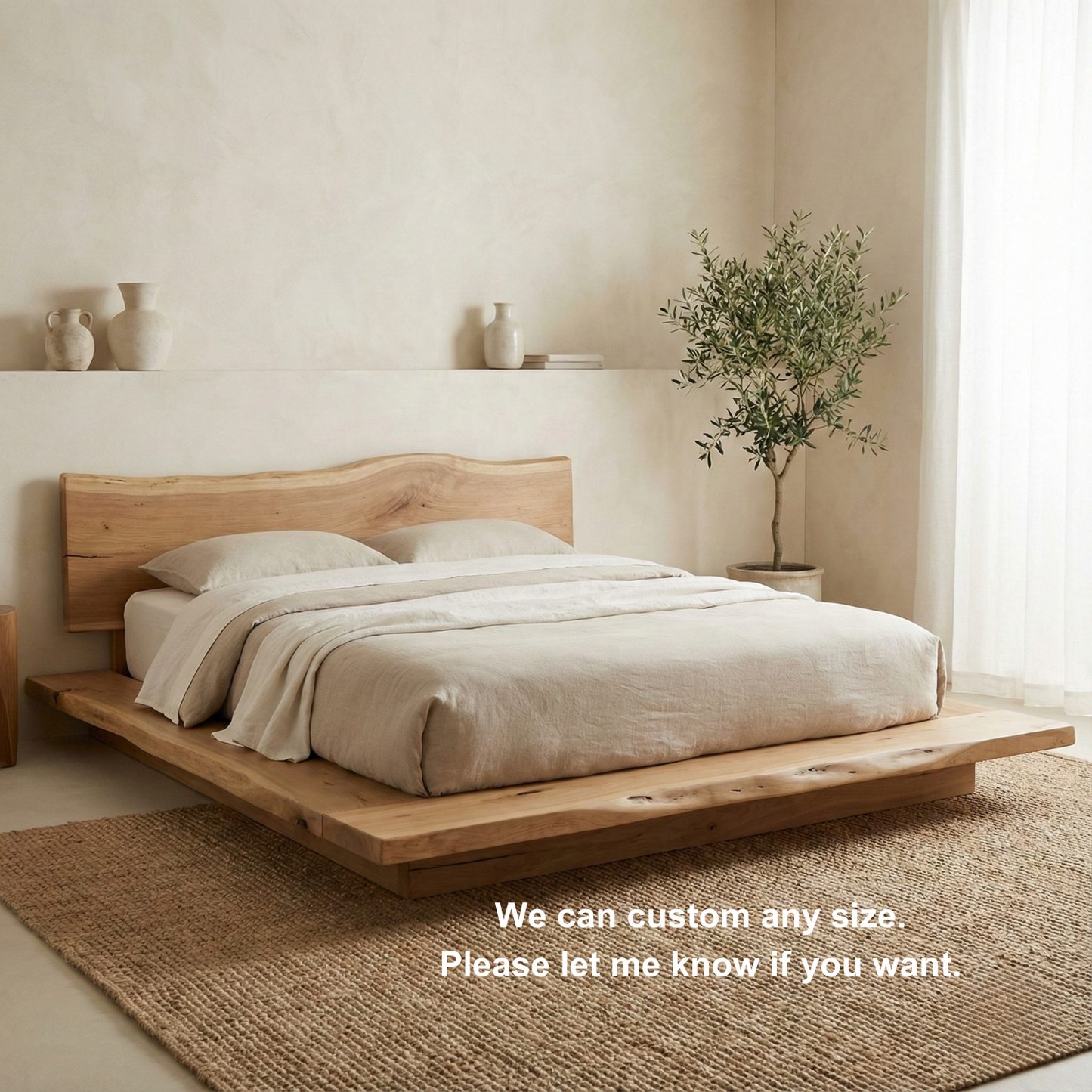 Handcrafted Solid Wood Japandi Platform Bed with Natural Live-Edge Headboard Kitchnce