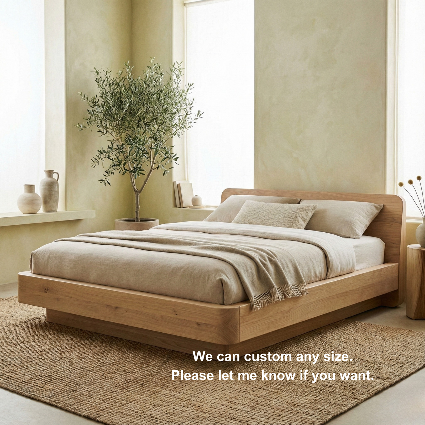 Handcrafted Solid Wood Japandi Platform Bed with Rounded Headboard Kitchnce