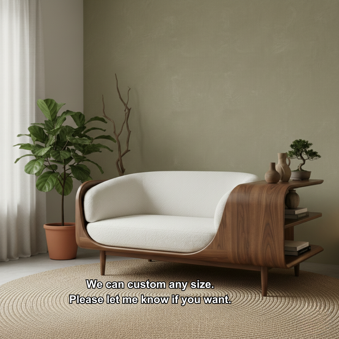 Handcrafted Solid Wood Organic Modern Sofa with Integrated Sculpted Side Shelves Kitchnce