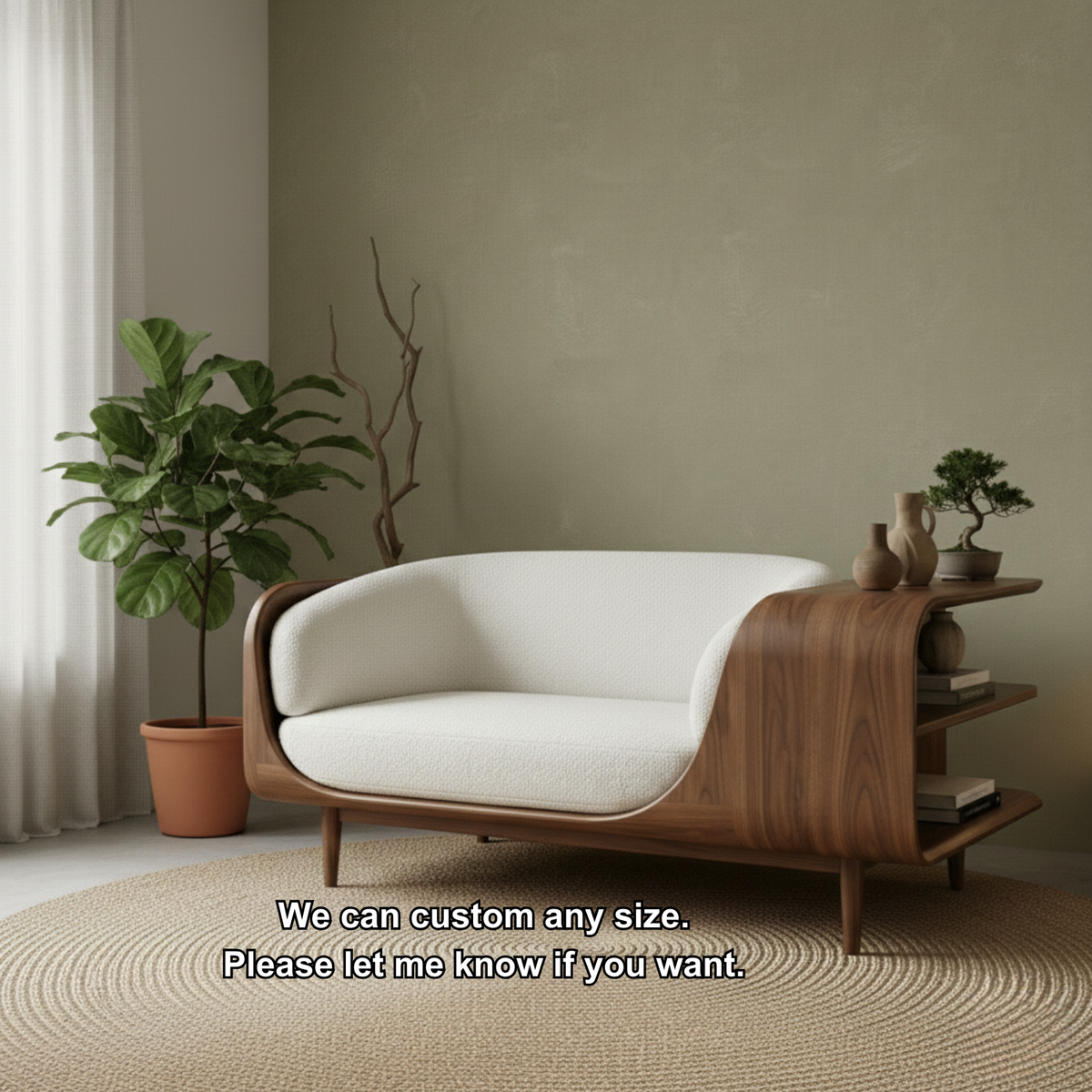 Handcrafted Solid Wood Organic Modern Sofa with Integrated Sculpted Side Shelves Kitchnce