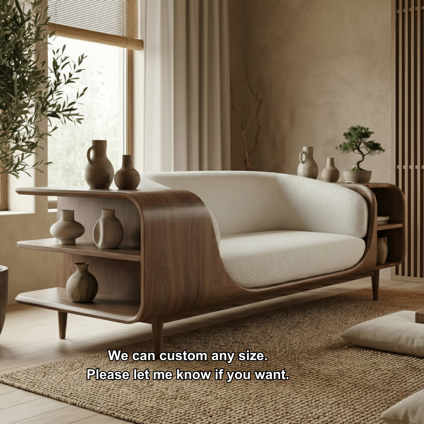 Handcrafted Solid Wood Organic Modern Sofa with Integrated Side Storage Shelves Kitchnce