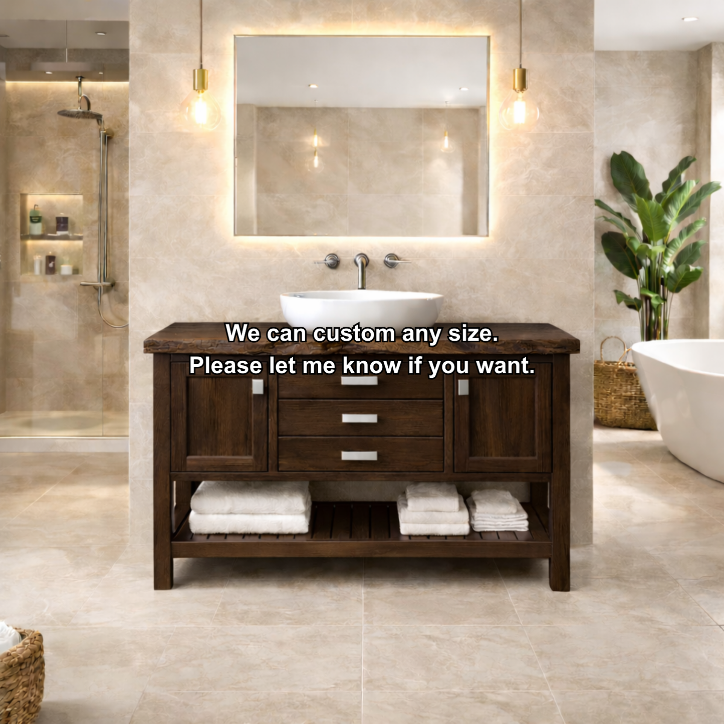 Solid Wood Bathroom Vanity with Live Edge Top & Open Shelf Storage