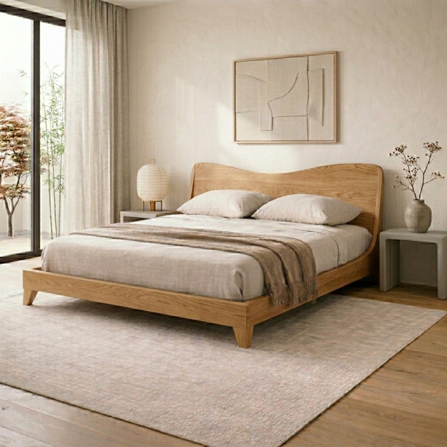 Solid Wood Platform Bed Frame with Curved Headboard – Modern Minimalist Design