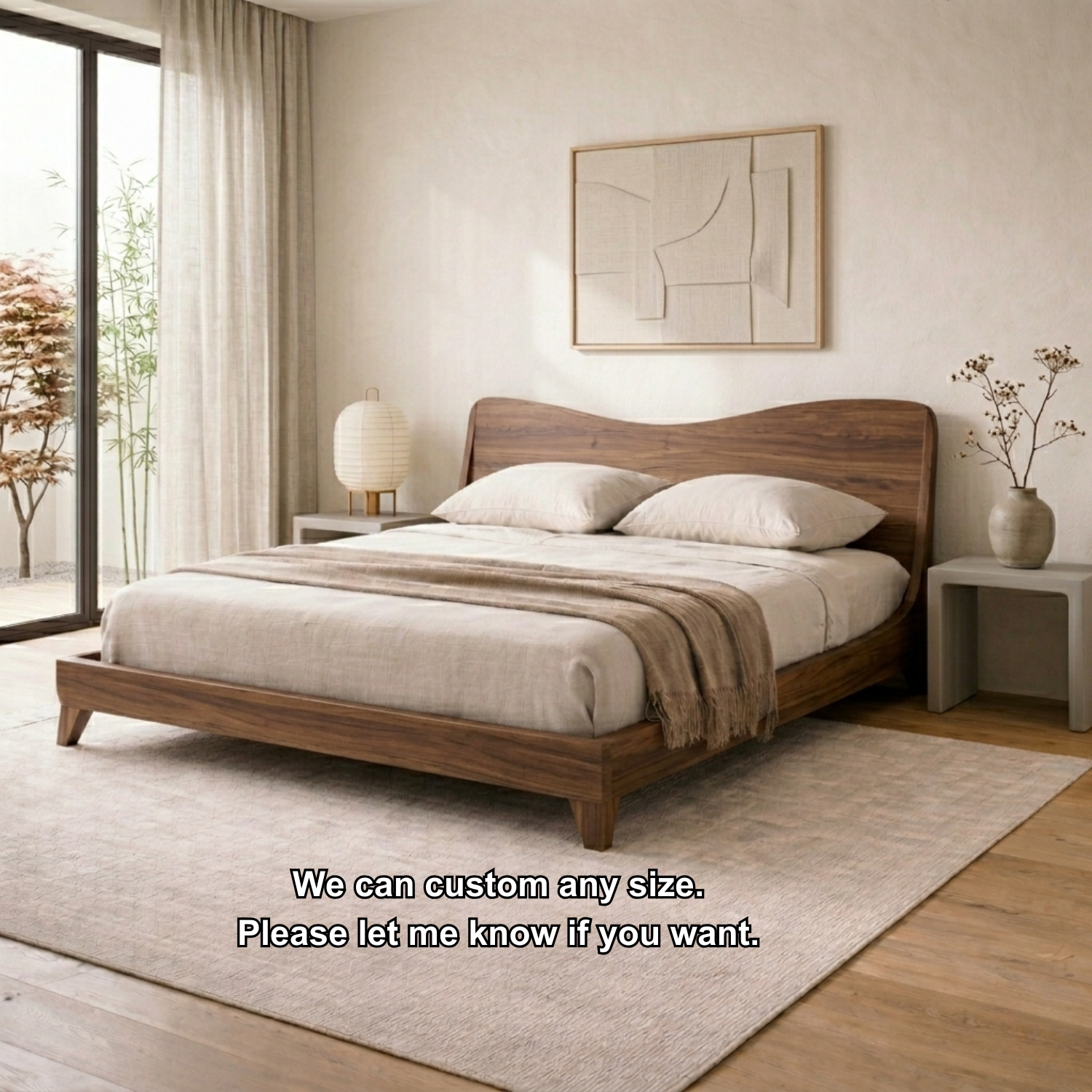 Solid Wood Platform Bed Frame with Curved Headboard – Modern Minimalist Design