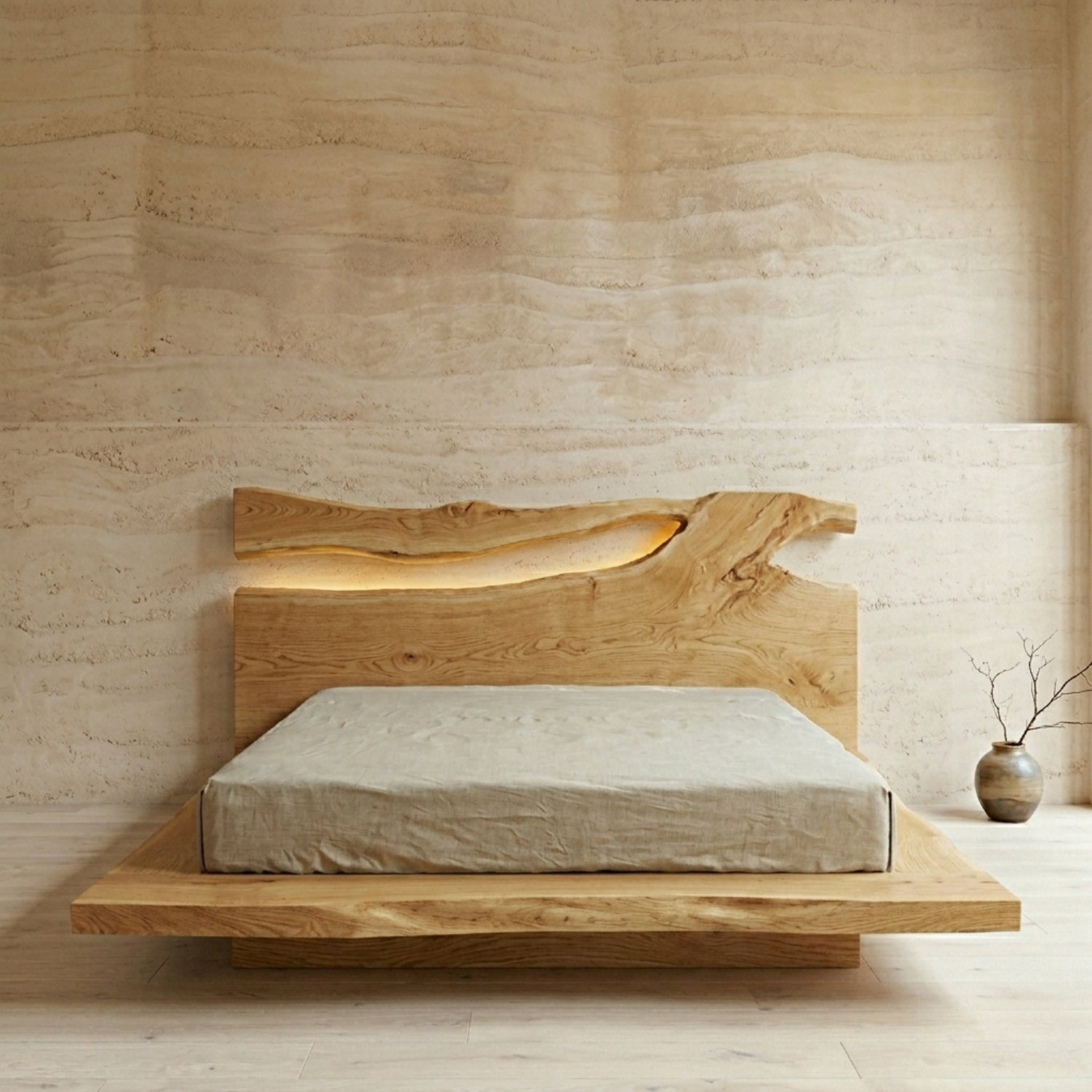 Live Edge Solid Wood Platform Bed Frame with Natural Slab Headboard