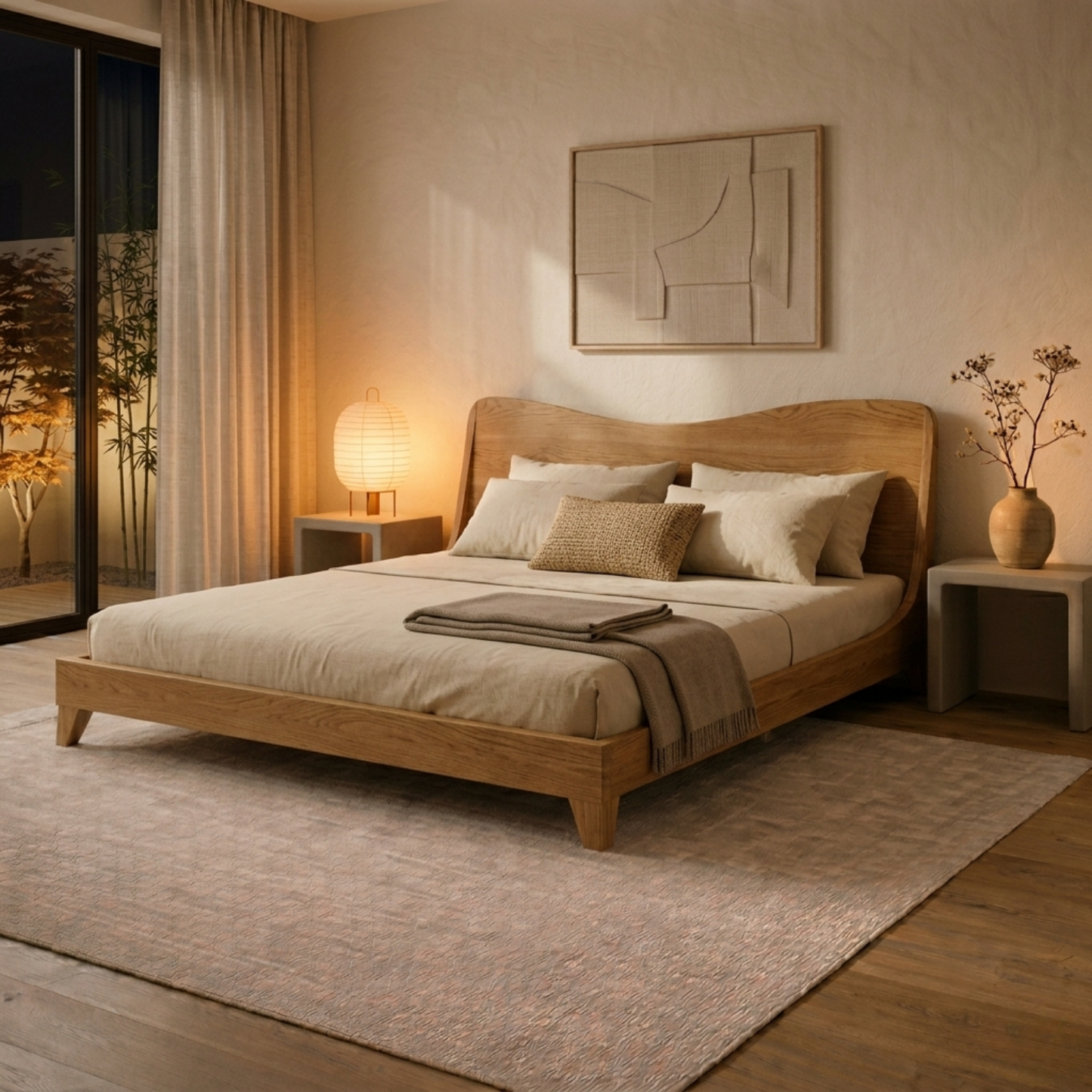 Solid Wood Platform Bed Frame with Curved Headboard – Modern Minimalist Design